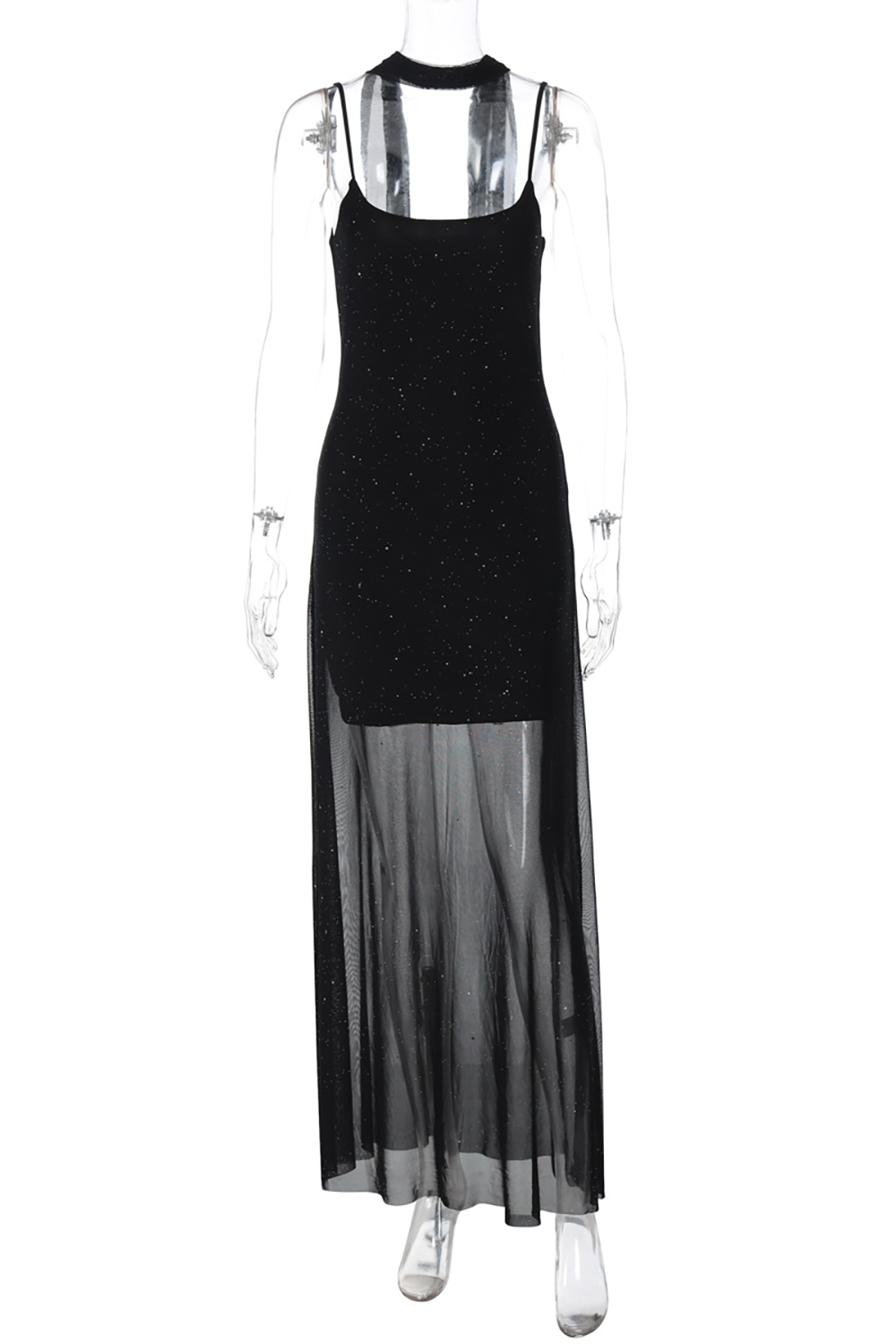 Glitzerndes Bodycon Durchsichtiges Mesh-Patchwork-Saum-Slip-Maxikleid - Schwarz