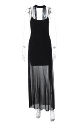 Glitzerndes Bodycon Durchsichtiges Mesh-Patchwork-Saum-Slip-Maxikleid - Schwarz