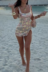 Sequin Floral Pattern Square Neck Slit Slip Mini Dress - Silver - View 7 | Lwiis