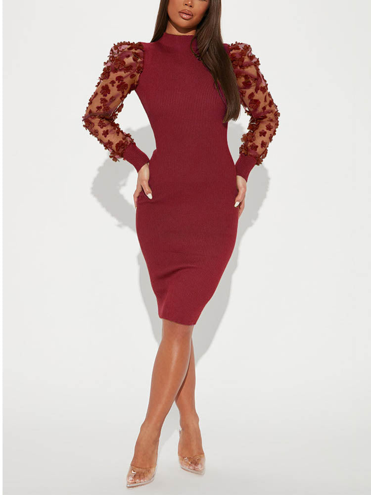 Ribbed mock neck midi dress with puff sleeves - View 24 | Lwiis
