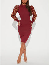 Ribbed mock neck midi dress with puff sleeves - View 24 | Lwiis
