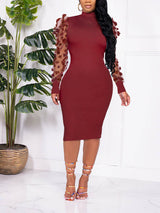 Ribbed mock neck midi dress with puff sleeves - View 22 | Lwiis