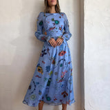 Women's Blue Print Maxi Dress with Cut-Out Detail and Long Sleeves - View 7 | Lwiis