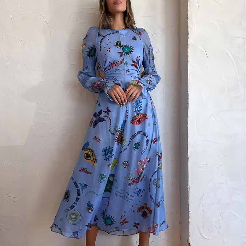 Women's Blue Print Maxi Dress with Cut-Out Detail and Long Sleeves - View 7 | Lwiis