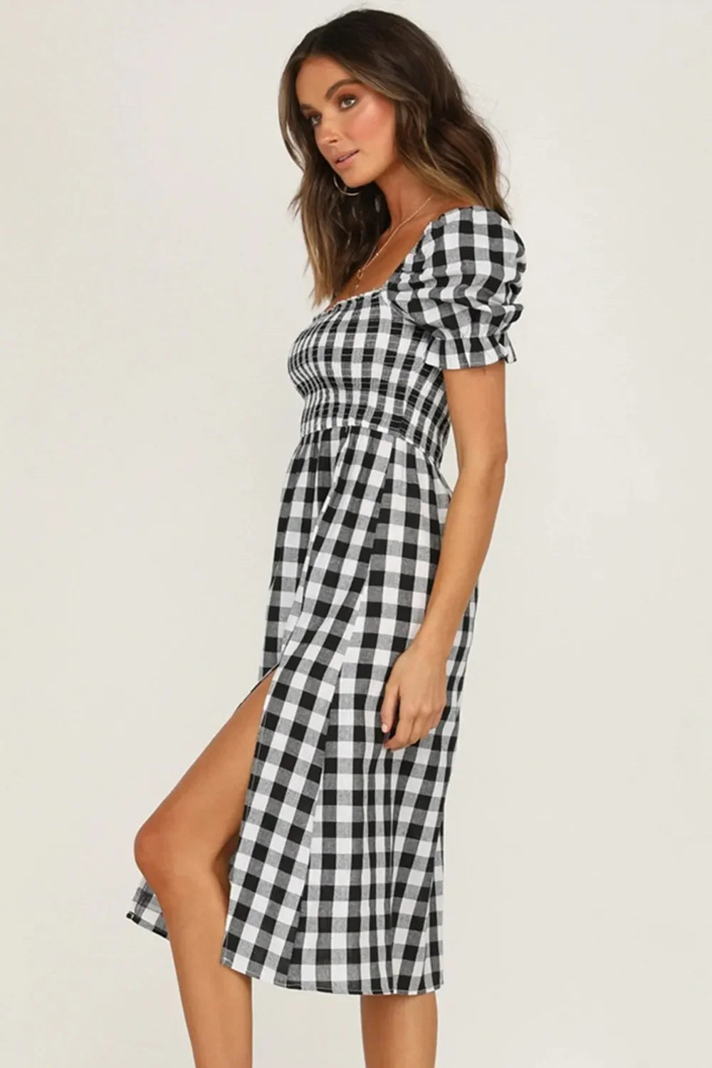 Plaid Midi Dress with Puff Sleeves - View 7 | Lwiis