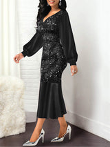 Sequined V-Neck Mermaid Evening Dress - View 8 | Lwiis