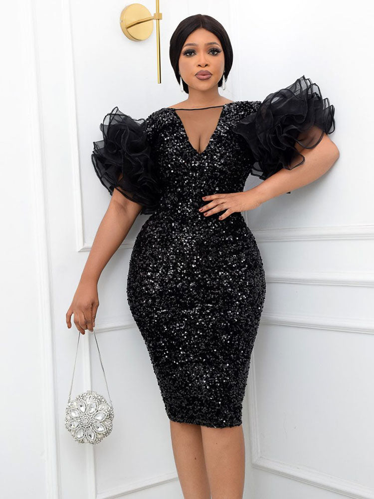 Sequin V-Neck Puff Sleeve Party Dress - View 6 | Lwiis