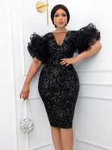 Sequin V-Neck Puff Sleeve Party Dress - View 6 | Lwiis