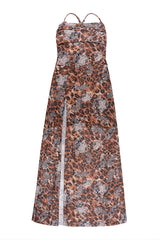 Leopard Floral Print High Slit Strappy Maxi Dress in Brown - View 6 | Lwiis