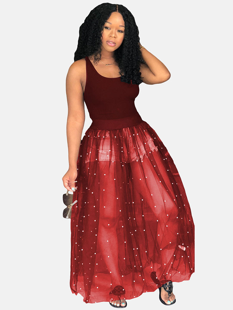 Beaded Mesh Maxi Dress with Pearls - View 6 | Lwiis