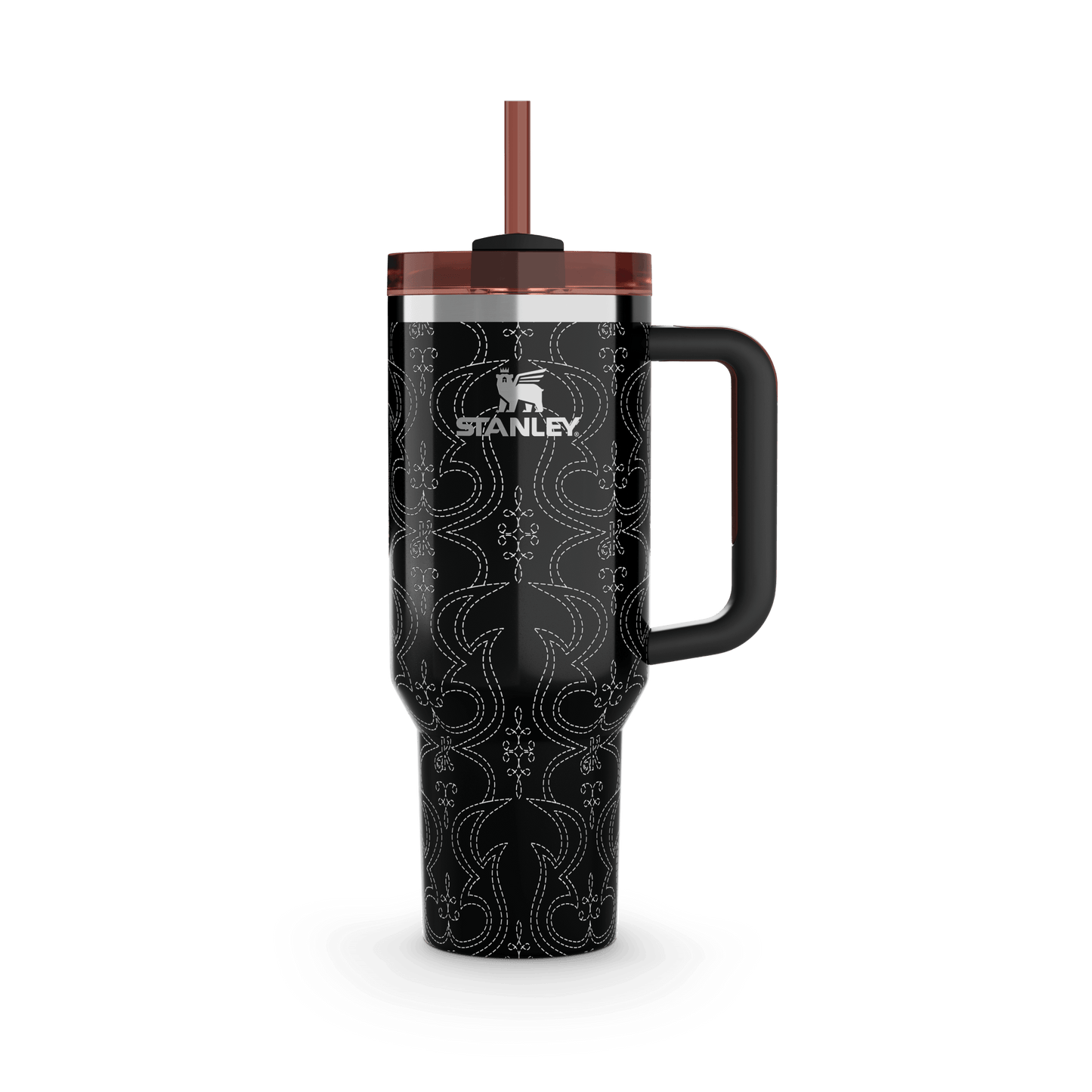 Stanley Barbie Ken Quencher H2.0 FlowState Tumbler, black with white western stitching pattern, featuring a straw and handle, isolated on a white background.