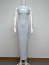 Light blue sleeveless bodycon maxi dress with cut-out detail at the bust and high neckline displayed on a mannequin against a white background.