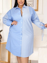 Striped button shirt midi dress with collared neckline and belted waist - View 10 | Lwiis
