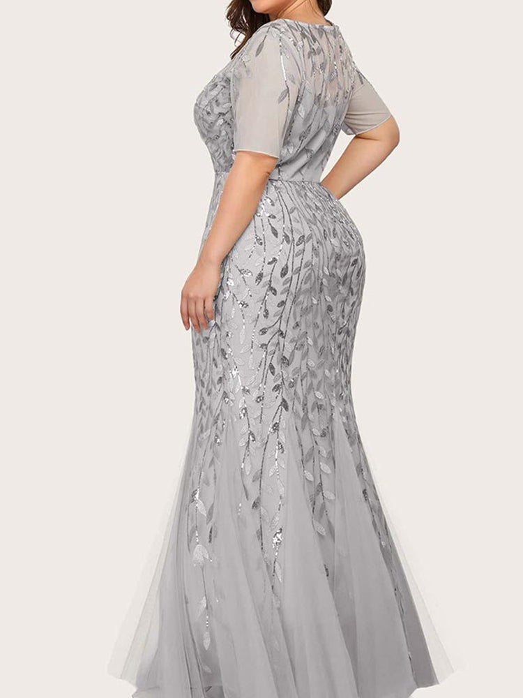 Sequin leaf pattern mermaid maxi dress with scoop neck - View 28 | Lwiis