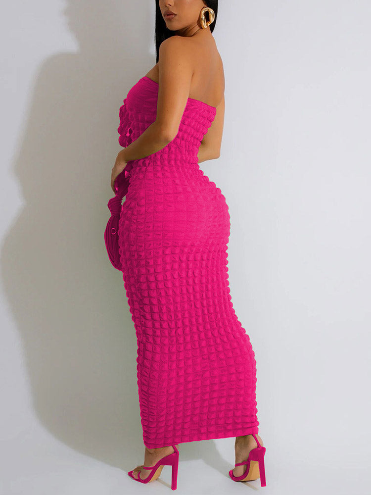 Strapless fitted midi dress with textured fabric and ruched detail - View 7 | Lwiis