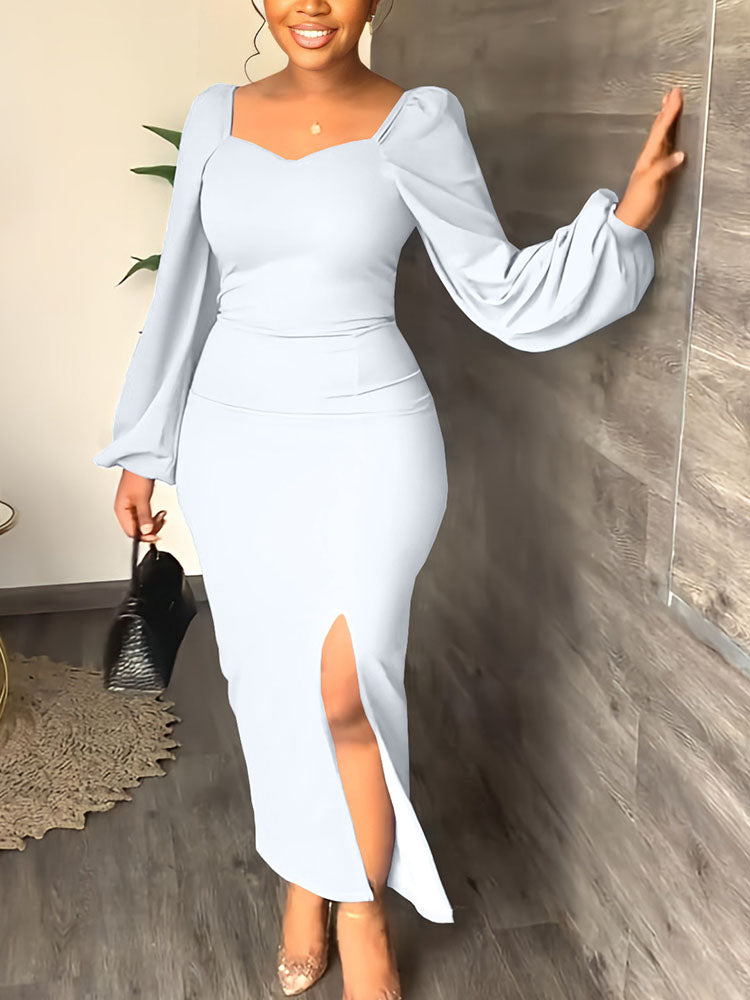 Elegant maxi dress with puff sleeves and square neckline in crepe fabric - View 10 | Lwiis