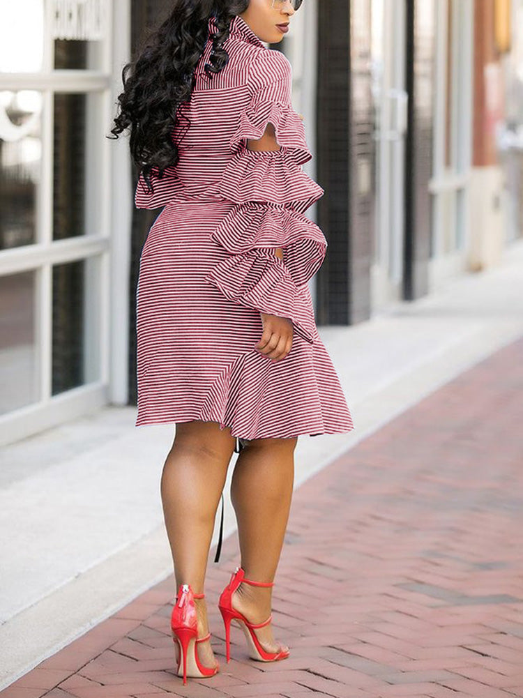 Striped midi dress with flounce sleeves - View 9 | Lwiis