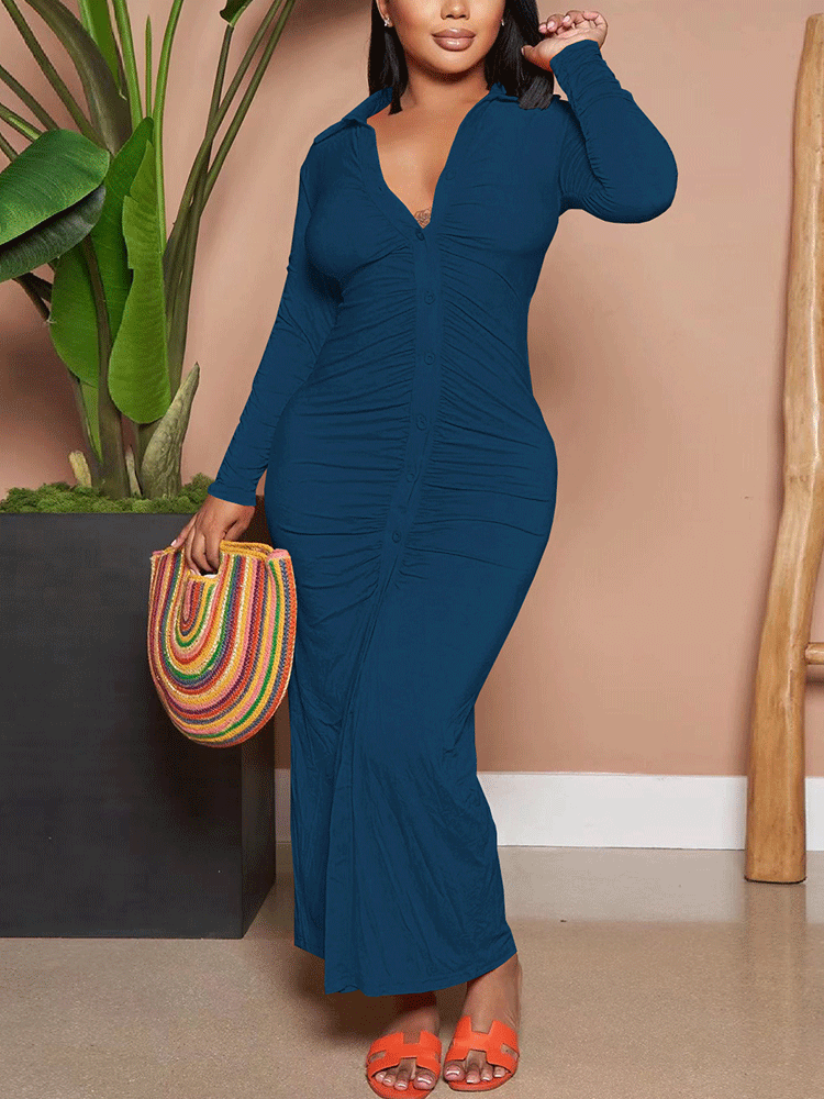 Solid Ruched Button Maxi Dress - View 7 | Lwiis