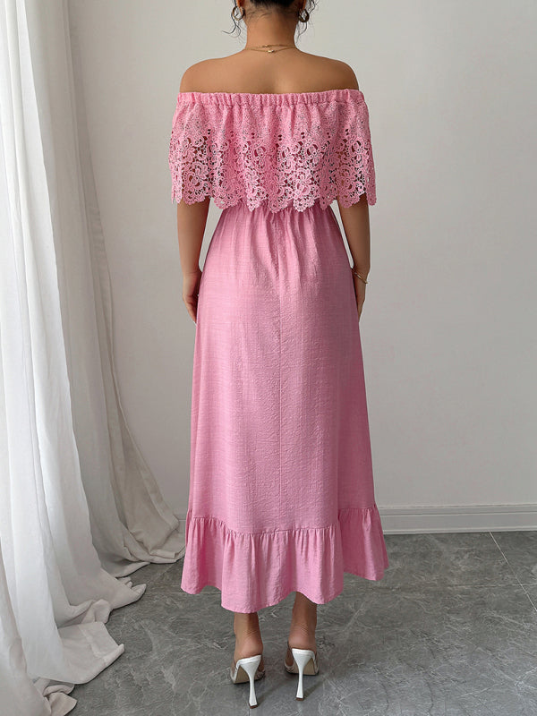 Woman wearing a pink off-the-shoulder maxi dress with lace bodice and ruffled hem, back view