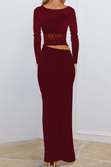 Lace trim maxi dress with long sleeves and V-neckline - View 6 | Lwiis