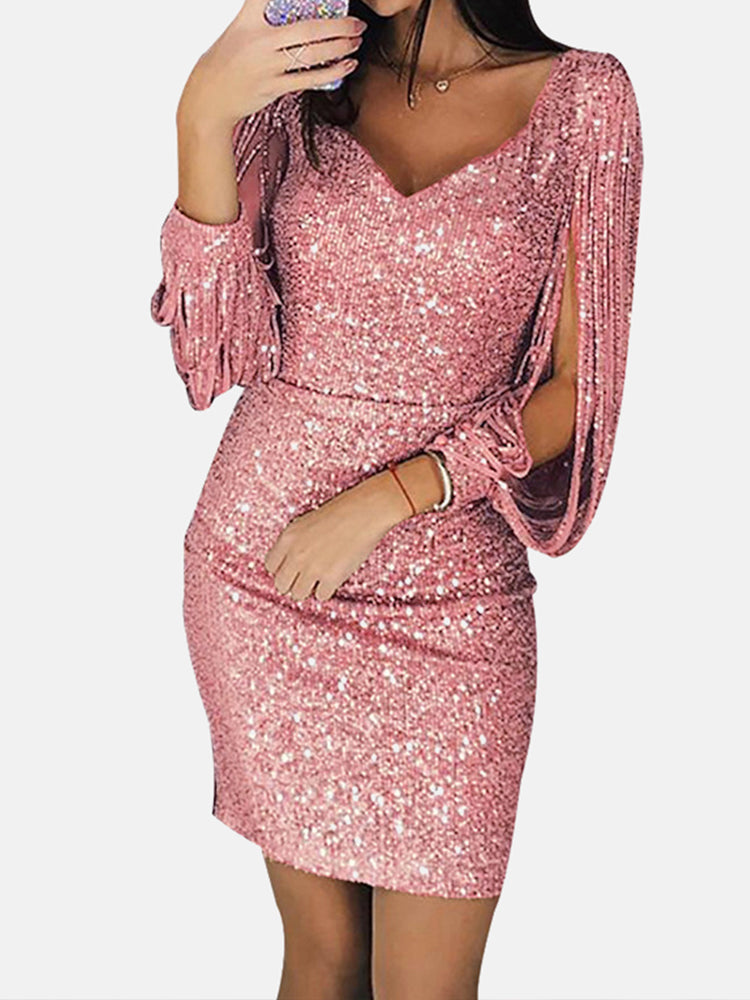 pink sequin dress with fringe sleeves
