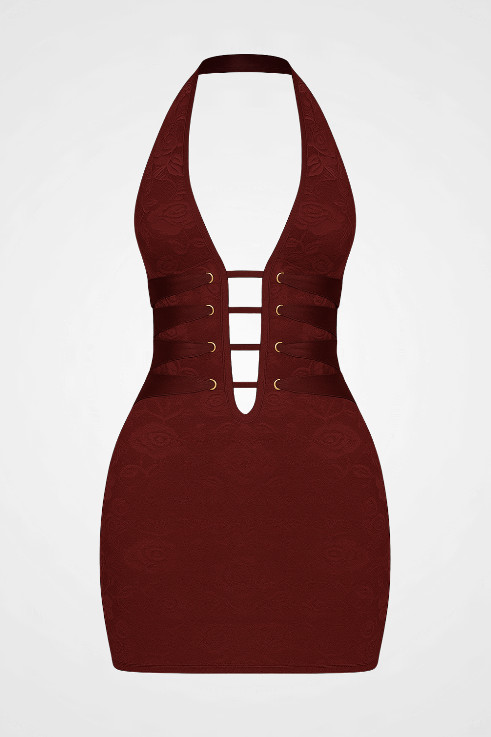 Maroon jacquard halter dress with lace-up detailing