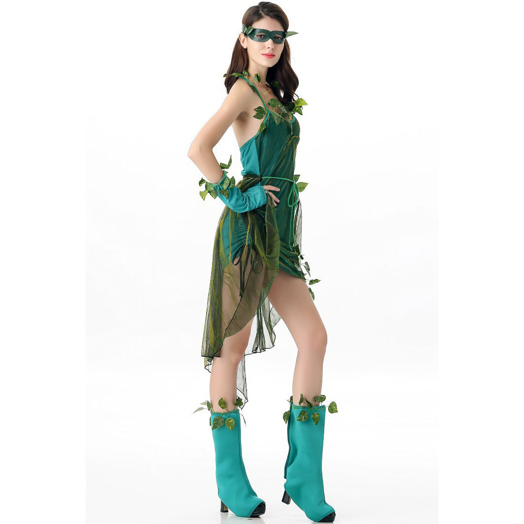 Woman in a green leaf costume, side view