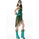 Woman in a green leaf costume, side view