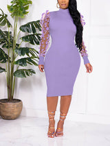 Ribbed mock neck midi dress with puff sleeves - View 20 | Lwiis