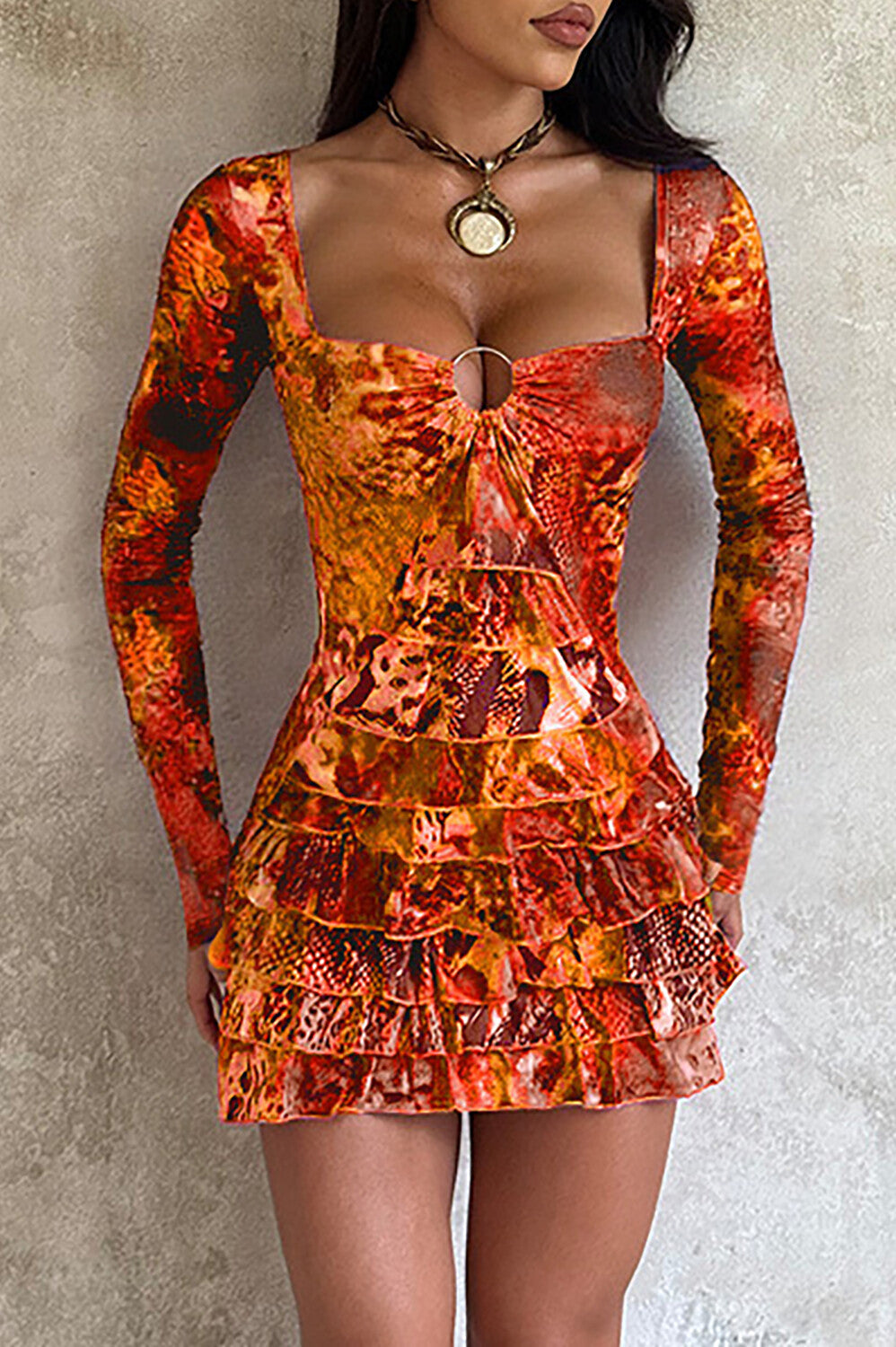 Long sleeve mini dress with irregular neckline and layered ruffles - View 6 | Lwiis