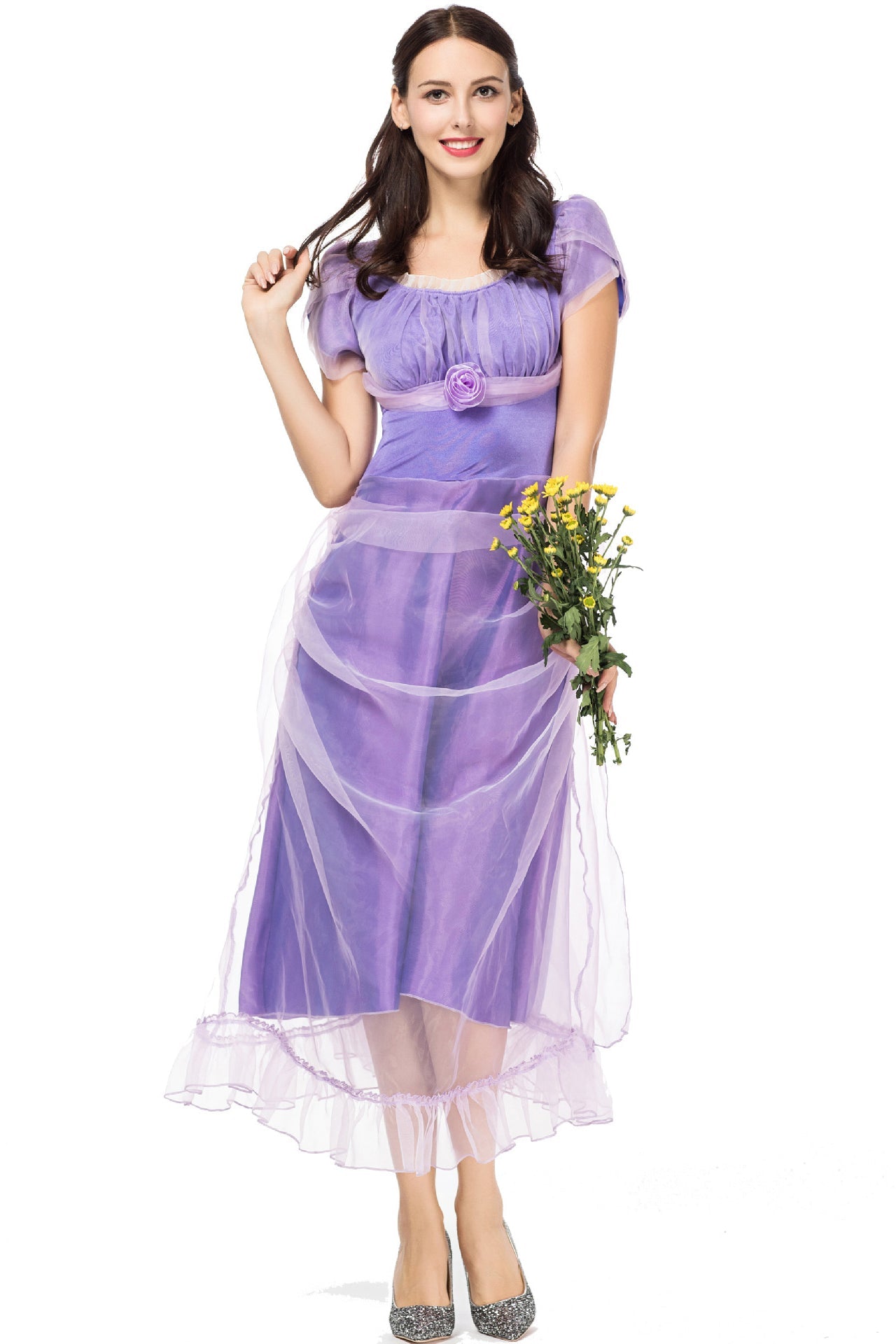 Woman in a purple costume dress holding a bouquet of yellow flowers