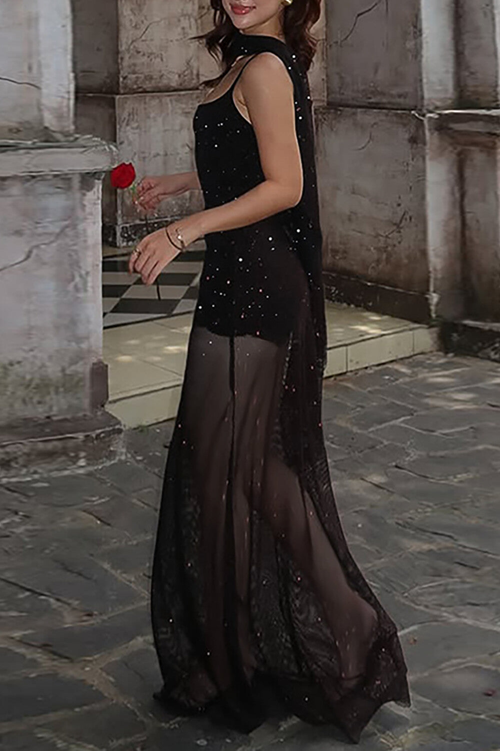 Glitzerndes Bodycon Durchsichtiges Mesh-Patchwork-Saum-Slip-Maxikleid - Schwarz