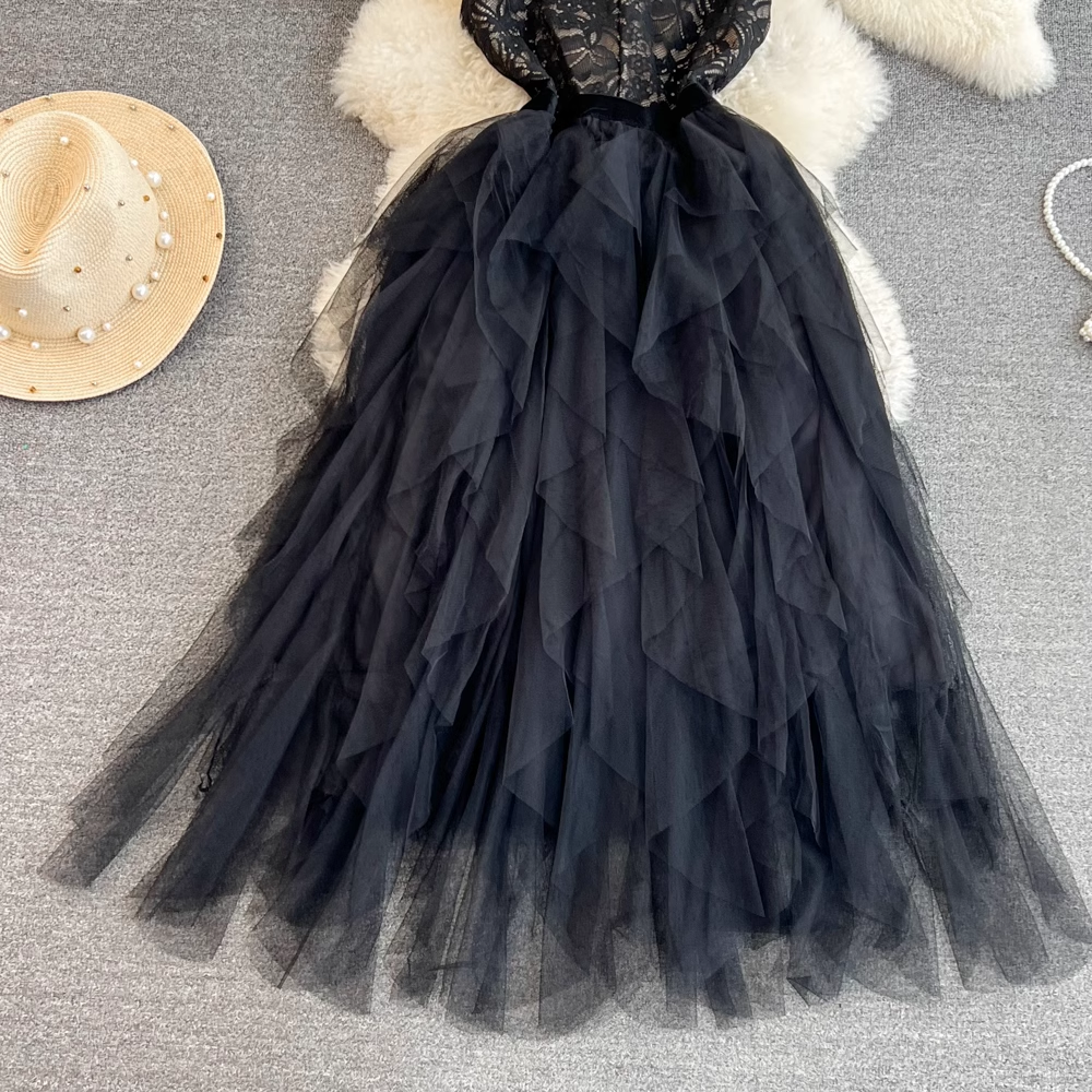 Close-up of the black tiered tulle skirt