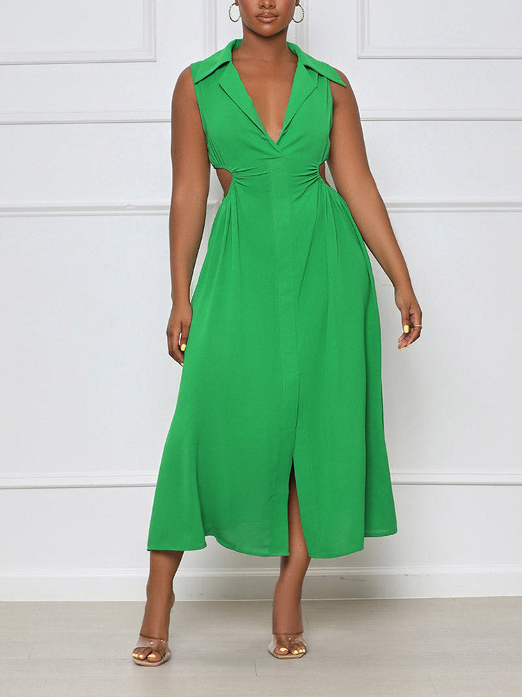 woman wearing a green sleeveless midi dress with cut-out sides and a collared v-neckline