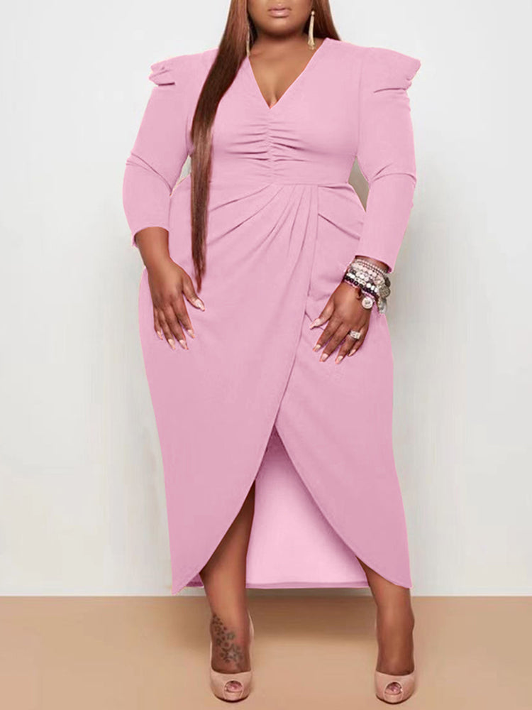 Ruched V-Neck Midi Dress with Split Skirt - View 9 | Lwiis