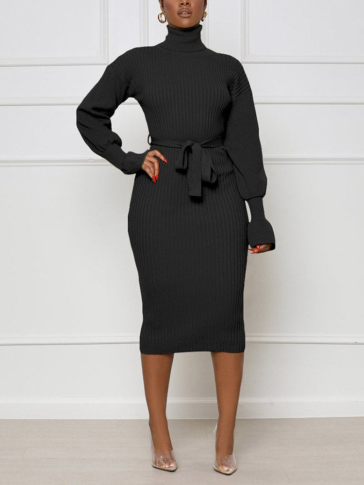 Turtleneck knit midi dress with belt - View 9 | Lwiis