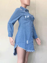 Side view of a mannequin showing a distressed denim shirt dress with raw hem