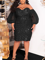 Sequin Midi Dress with Puff Sleeves - View 9 | Lwiis