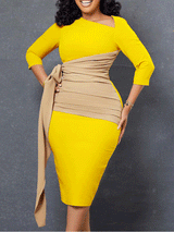 Patchwork Long Sleeve Midi Dress - View 7 | Lwiis