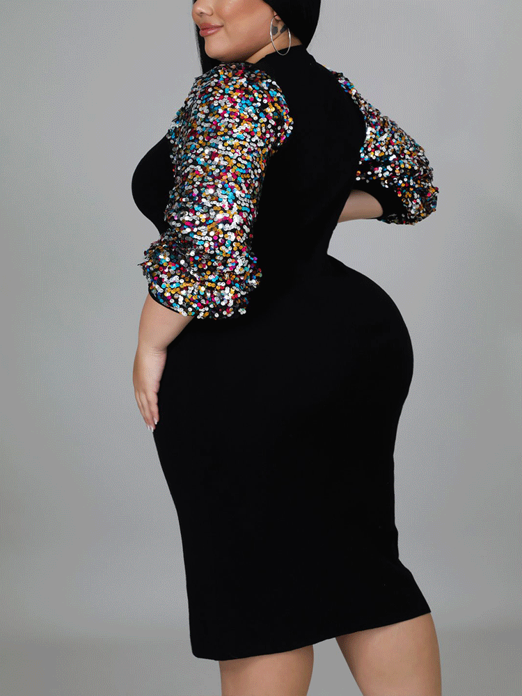 Rear view of a woman showcasing a black sheath dress with sequin-adorned bishop sleeves and a mock neck.