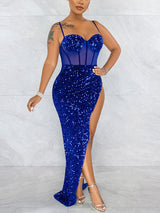 Sequin maxi dress with spaghetti straps and high slit in black - View 11 | Lwiis