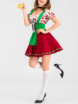 Woman posing in a festive costume, with one leg slightly bent, drawing attention to the knee-high socks.