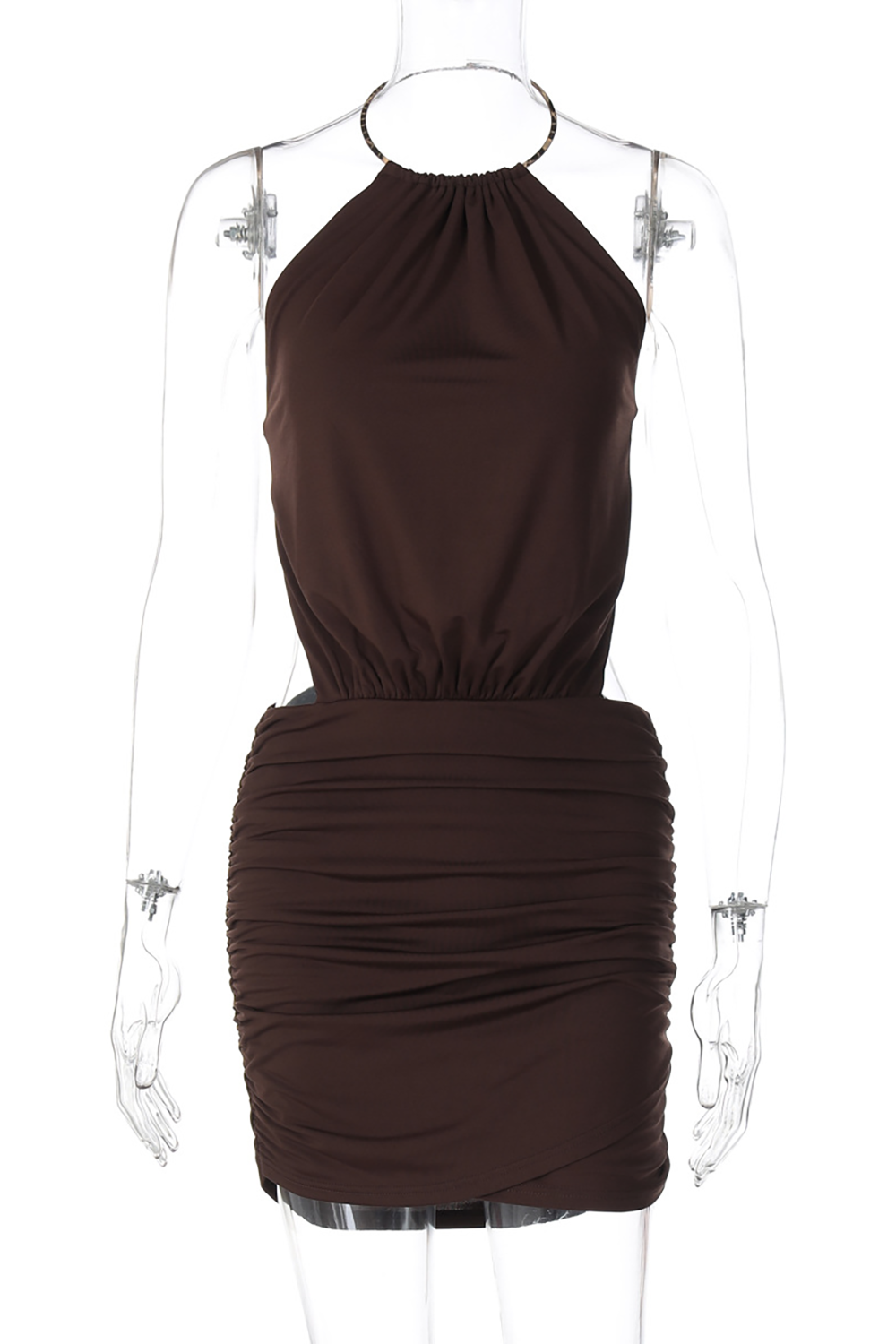Brown halter neck mini dress with cut-out sides and a ruched skirt displayed on a mannequin