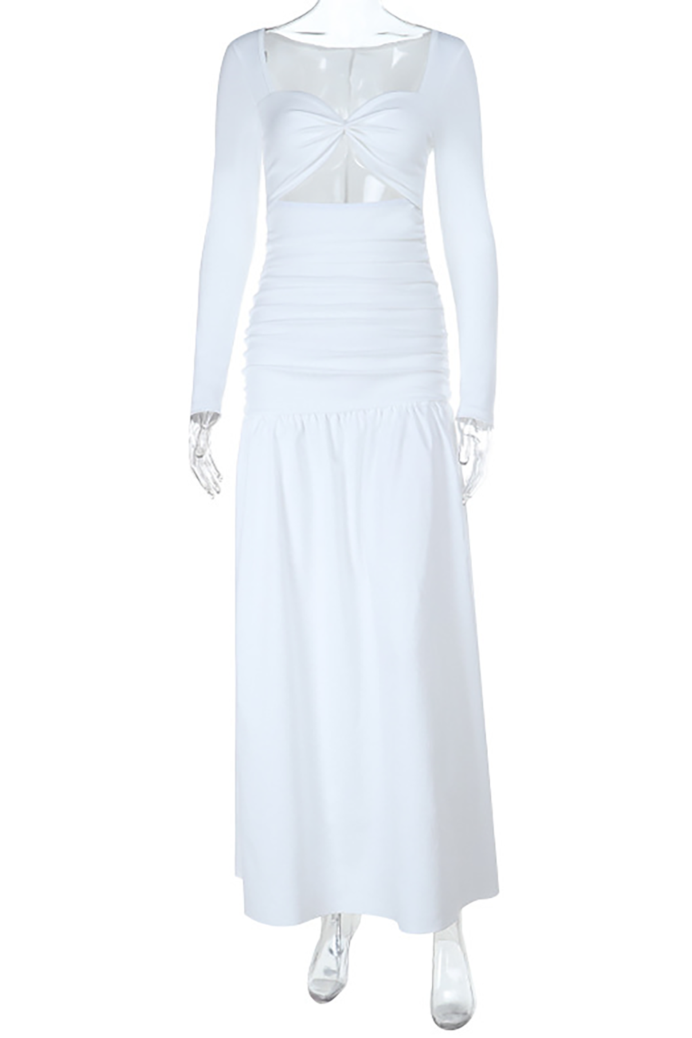 Mannequin displaying a white long sleeve maxi dress with a cutout and sweetheart neckline.