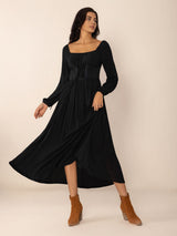 Black lace-up midi dress with square neckline and puff sleeves - View 6 | Lwiis