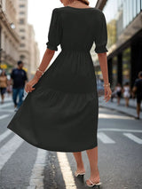 V-neck midi dress with puff sleeves - View 7 | Lwiis