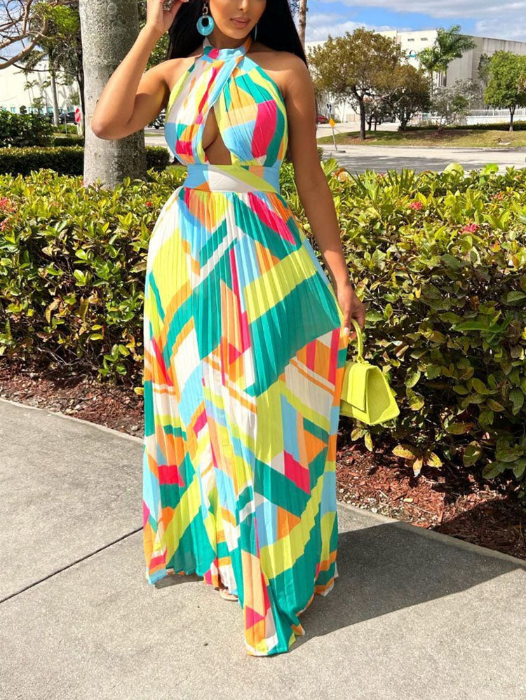 woman wearing a colorful geometric print maxi dress outdoors
