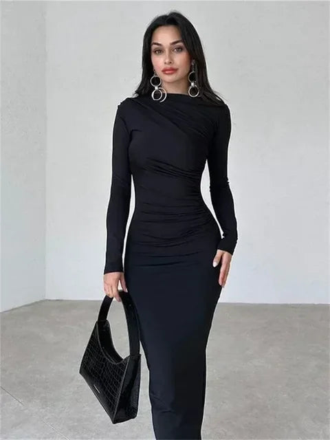 Elegant long sleeve mock neck maxi dress - View 7 | Lwiis