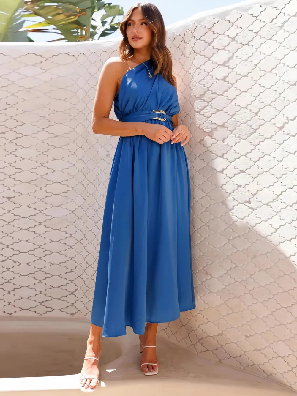 Asymmetrical neckline midi dress - View 11 | Lwiis