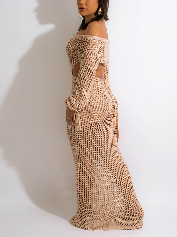 Crochet maxi dress with V-neckline and tassel accents - View 18 | Lwiis